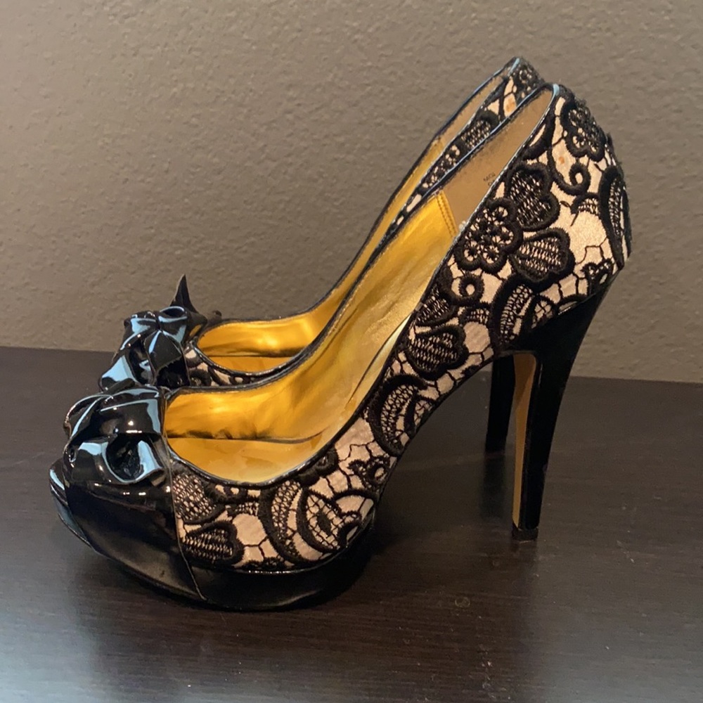 Black patent leather and lace heels size 9